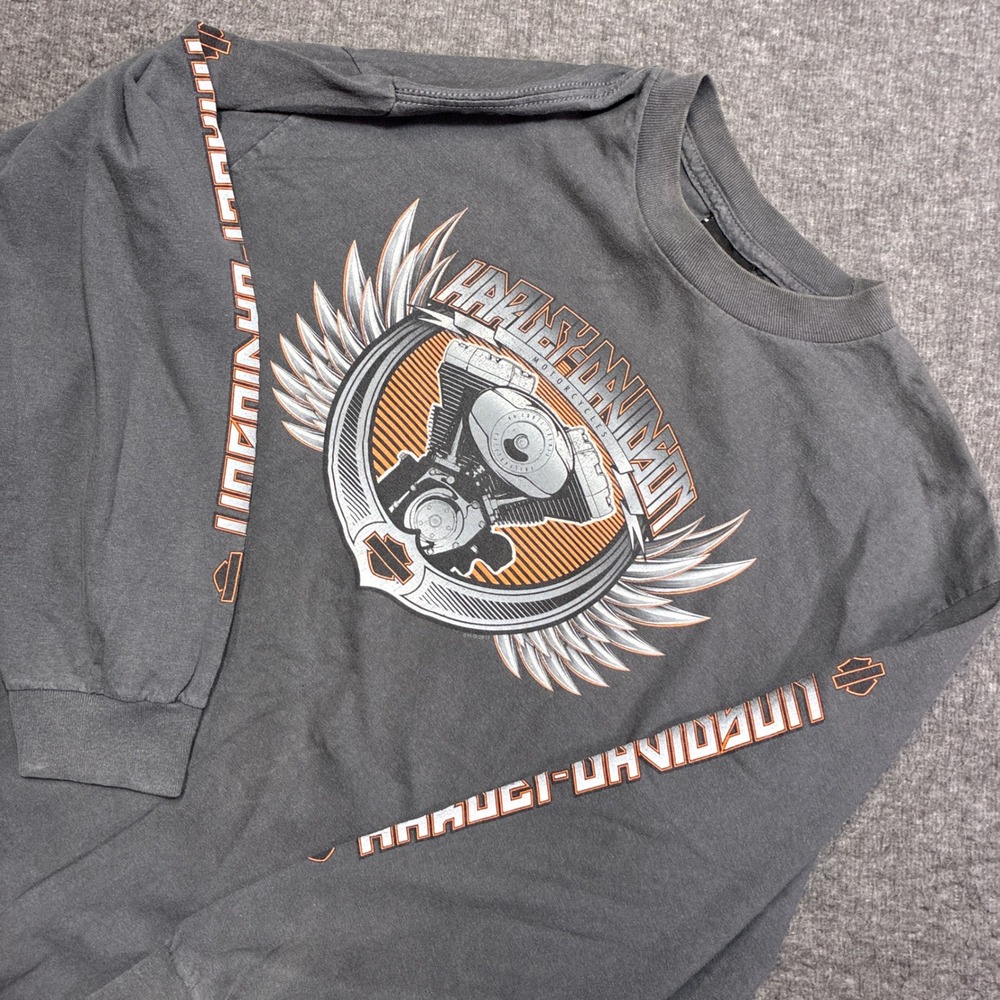 Harley-Davidson Long Sleeve Shirt Mens Medium Gray Graphic Sleeve Print‎